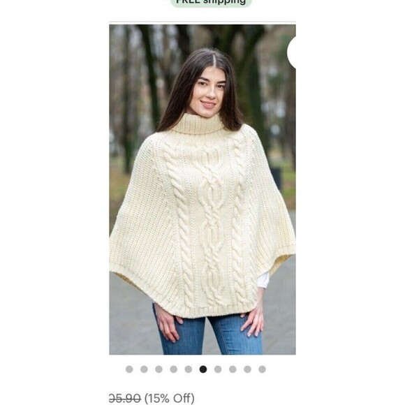 Saol Aran Cowl Neck Knit Poncho for Women, 100% Premium Quality Merino Wool Wrap - Picture 2 of 11